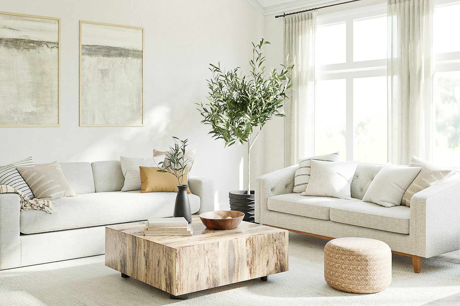 A bright, calm living room filled with natural light